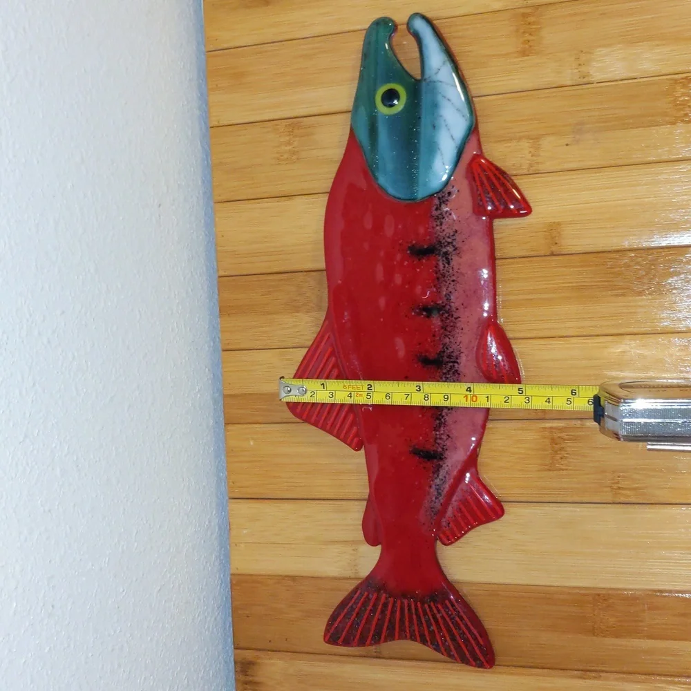 Art Fused Glass Salmon Wall Sculpture Signed Red Blue Fish Artisan Sardine New
